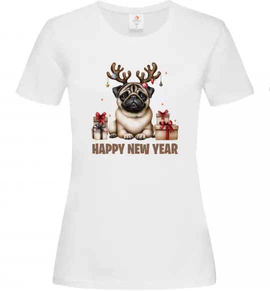 Жіноча футболка Новорічний мопс Білий фото