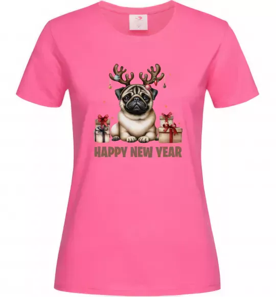 Жіноча футболка Новорічний мопс Яскраво-рожевий фото