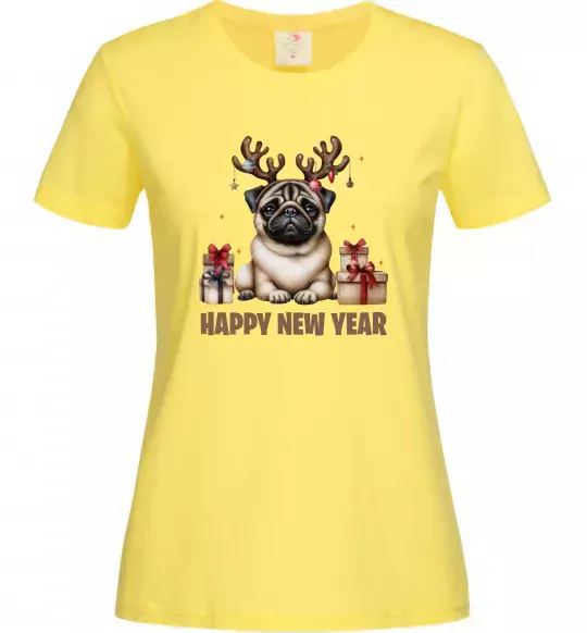 Жіноча футболка Новорічний мопс Лимонний фото