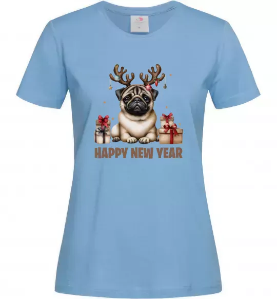 Жіноча футболка Новорічний мопс Блакитний фото