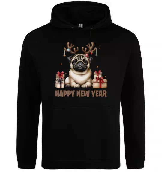 Чоловіча толстовка (худі) Новорічний мопс Чорний фото