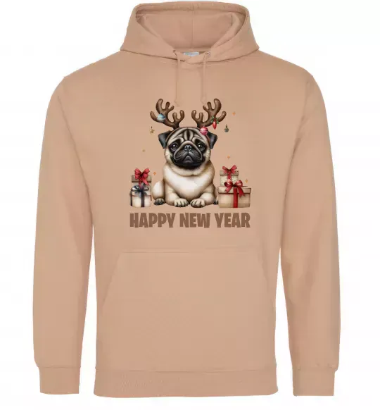 Чоловіча толстовка (худі) Новорічний мопс Пісочний фото