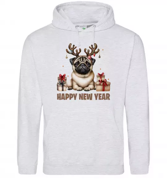Жіноча толстовка (худі) Новорічний мопс Сірий меланж фото