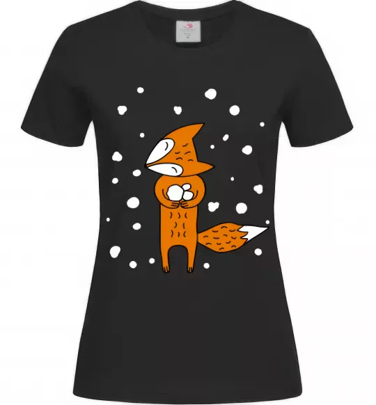 Жіноча футболка Лисиця та сніг Чорний фото