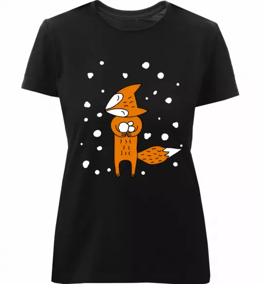 Женская премиум футболка Лисиця та сніг Черный фото