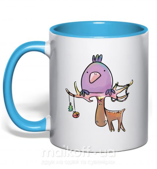 Чашка з кольоровою ручкою Funny deer&bird Блакитний фото
