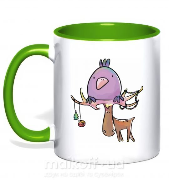Чашка з кольоровою ручкою Funny deer&bird Зелений фото