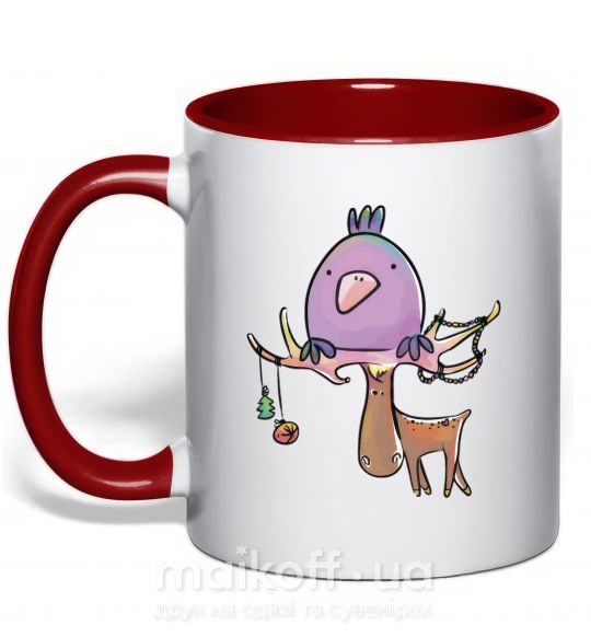 Чашка з кольоровою ручкою Funny deer&bird Червоний фото