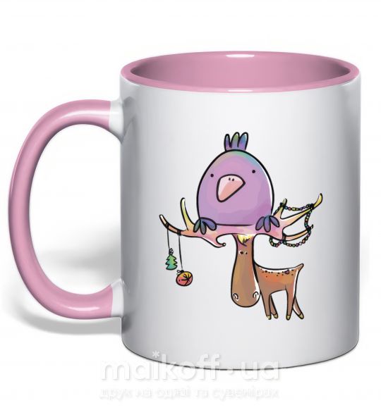 Чашка з кольоровою ручкою Funny deer&bird Ніжно рожевий фото