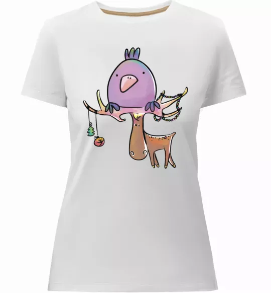 Женская премиум футболка Funny deer&bird Белый фото