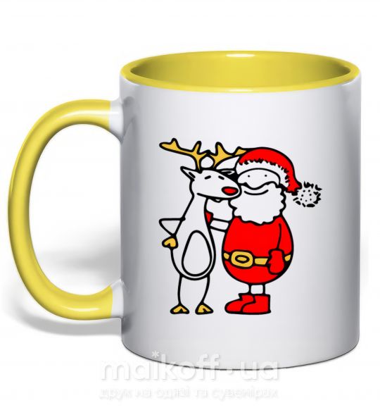 Чашка с цветной ручкой Дед мороз и лось Солнечно желтый фото