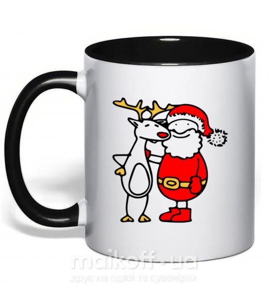 Чашка с цветной ручкой Дед мороз и лось Черный фото