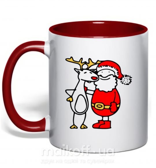 Чашка с цветной ручкой Дед мороз и лось Красный фото