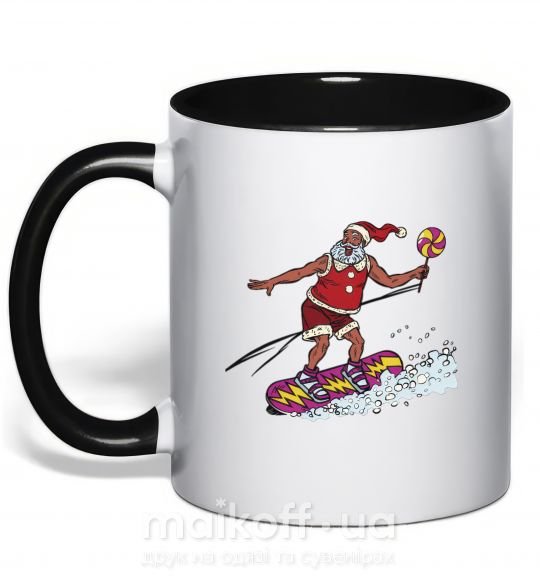 Чашка с цветной ручкой Дед мороз сноубордист Черный фото
