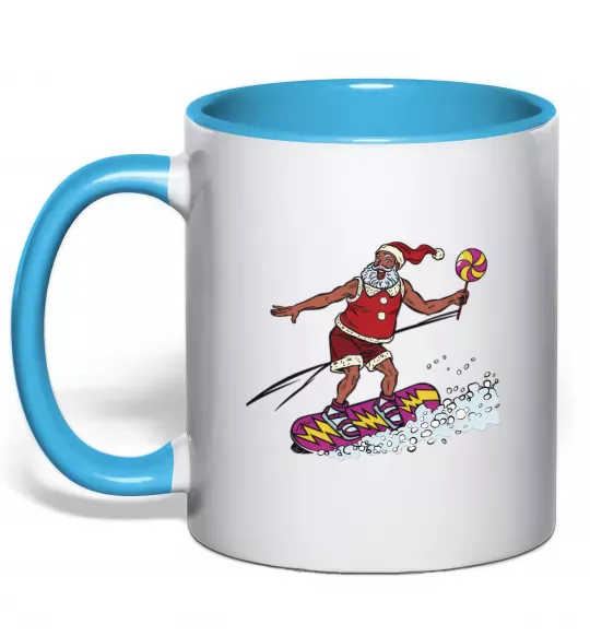 Чашка з кольоровою ручкою Дід мороз сноубордист Блакитний фото