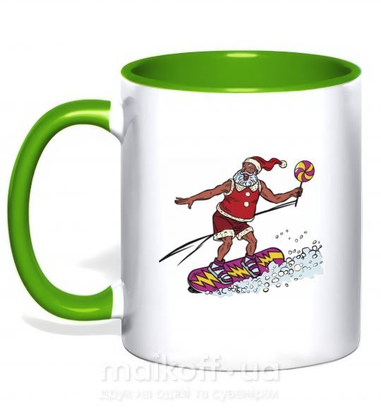 Чашка з кольоровою ручкою Дед мороз сноубордист Зелений фото