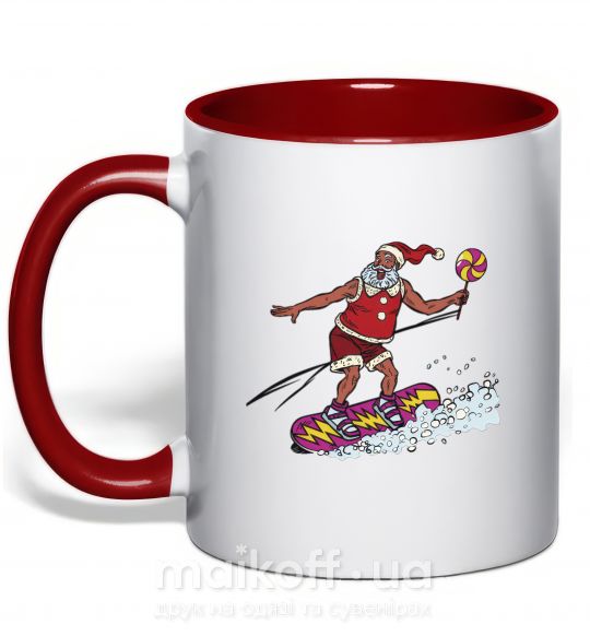 Чашка с цветной ручкой Дед мороз сноубордист Красный фото