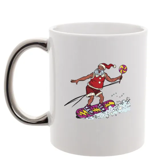 Чашка з кольоровою ручкою Дід мороз сноубордист Срібло фото