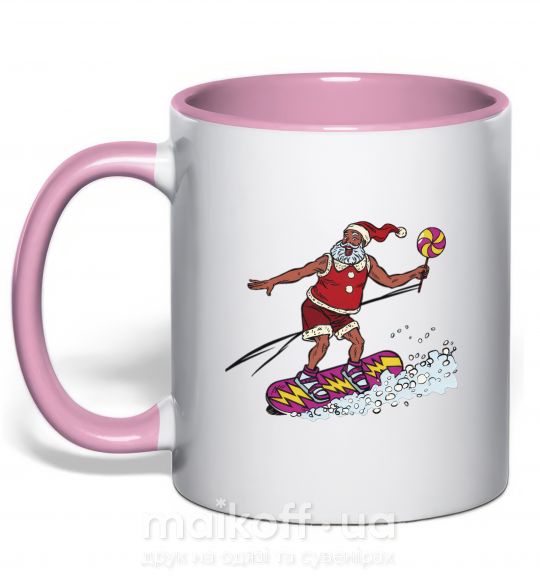 Чашка з кольоровою ручкою Дед мороз сноубордист Ніжно рожевий фото