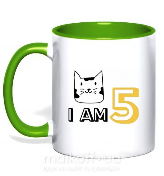 Чашка з кольоровою ручкою I am 5 cat Зелений фото