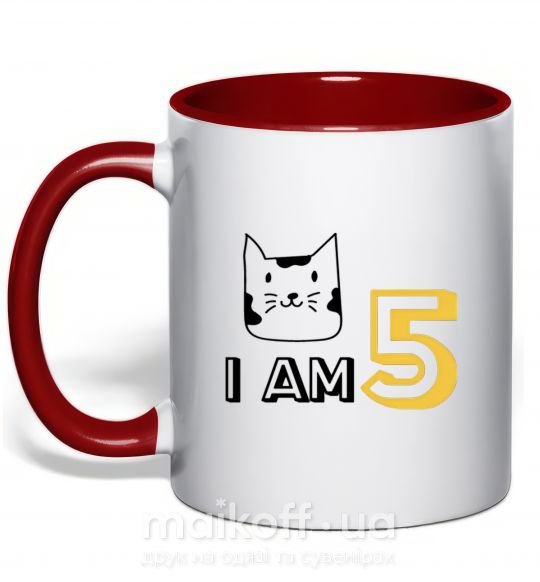 Чашка с цветной ручкой I am 5 cat Красный фото