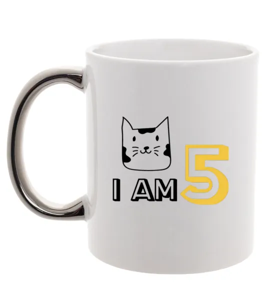 Чашка з кольоровою ручкою I am 5 cat Срібло фото