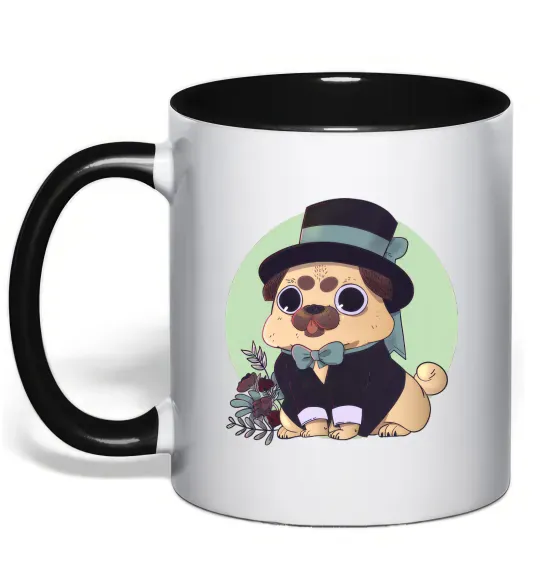 Чашка з кольоровою ручкою Pug jentelman Чорний фото