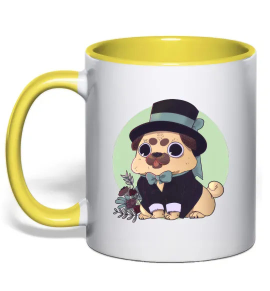 Чашка з кольоровою ручкою Pug jentelman Лимонний фото
