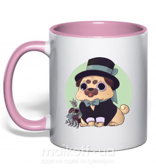 Чашка з кольоровою ручкою Pug jentelman Ніжно рожевий фото