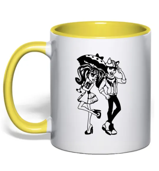 Чашка с цветной ручкой Monster couple Лимонный фото