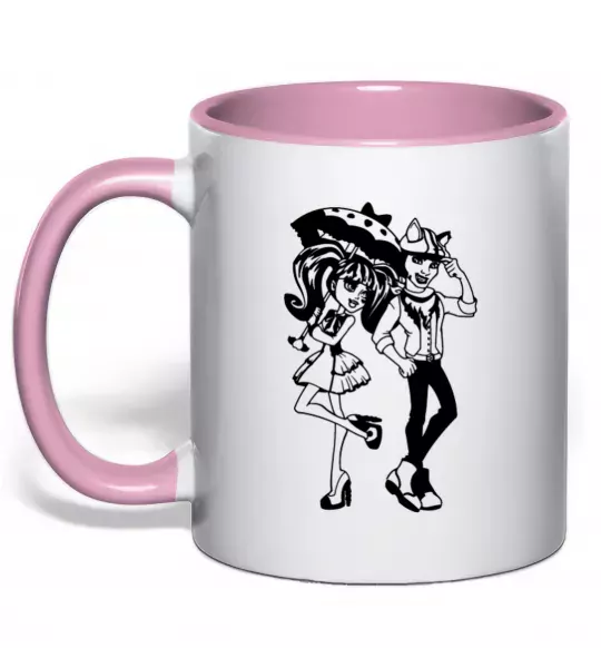 Чашка з кольоровою ручкою Monster couple Ніжно рожевий фото