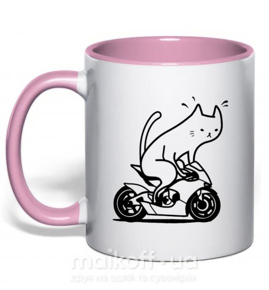Чашка з кольоровою ручкою Biker cat Ніжно рожевий фото