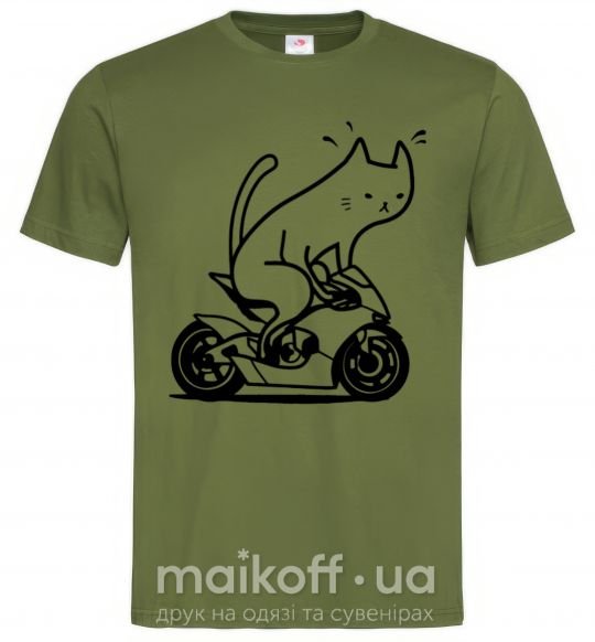 Мужская футболка Biker cat Оливковый фото
