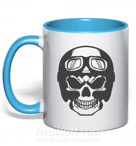 Чашка з кольоровою ручкою Skull with helmet Блакитний фото