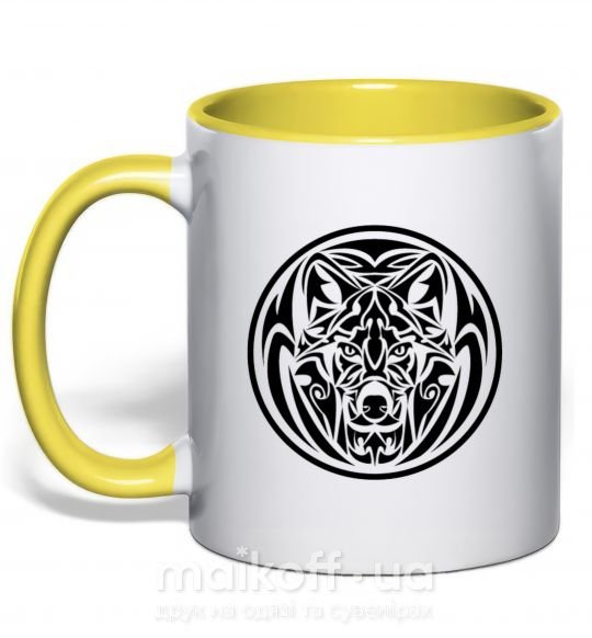 Чашка з кольоровою ручкою Эмблема волк Сонячно жовтий фото