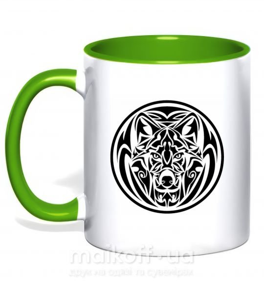 Чашка з кольоровою ручкою Эмблема волк Зелений фото