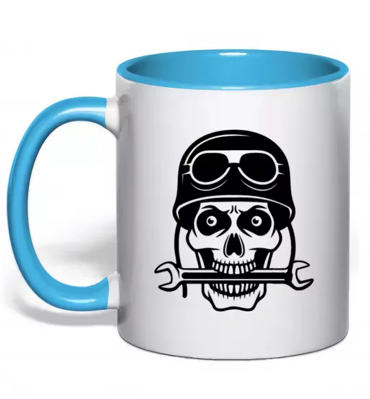 Чашка з кольоровою ручкою Skull in helmet Блакитний фото