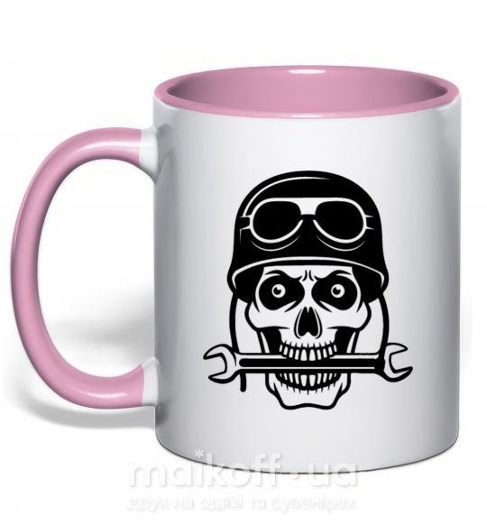 Чашка з кольоровою ручкою Skull in helmet Ніжно рожевий фото