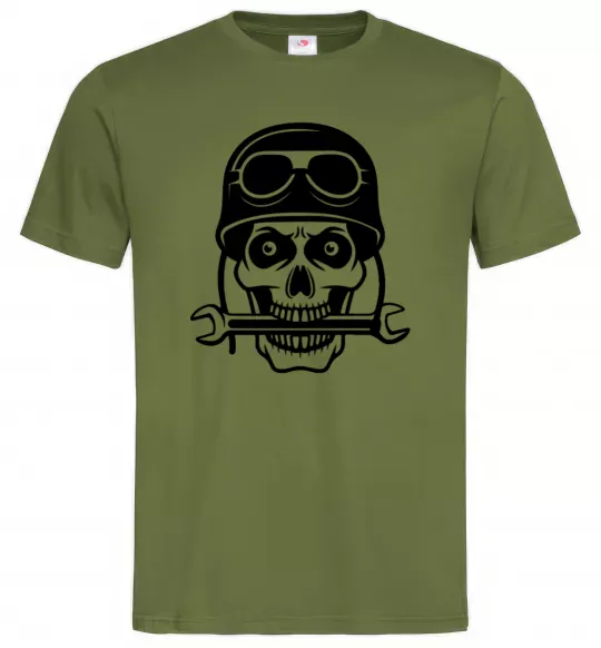 Мужская футболка Skull in helmet Оливковый фото