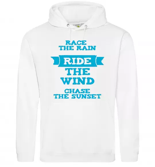 Мужская толстовка (худи) Race the rain ride the wind chase the sunset Белый фото