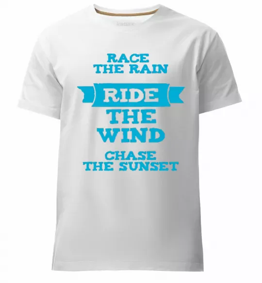 Мужская премиум футболка Race the rain ride the wind chase the sunset Белый фото