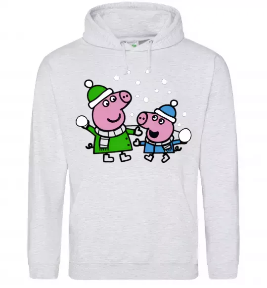 Женская толстовка (худи) Пеппа і Джордж грають в сніжки Серый меланж фото