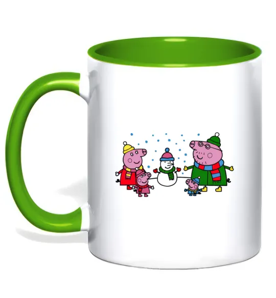 Чашка с цветной ручкой Сім'я зліпила сніговика Лаймовый фото