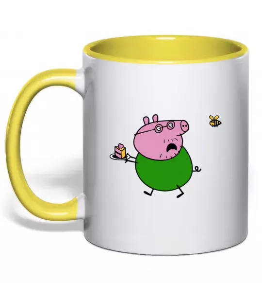 Чашка с цветной ручкой Папа Свин і тортик Солнечно желтый фото