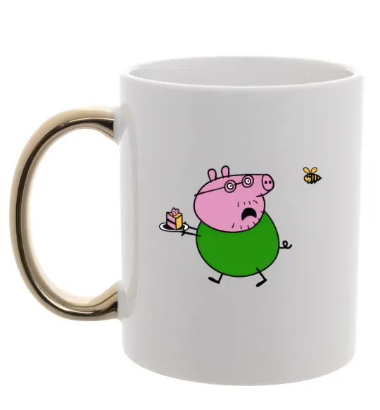 Чашка с цветной ручкой Папа Свин і тортик Золото фото