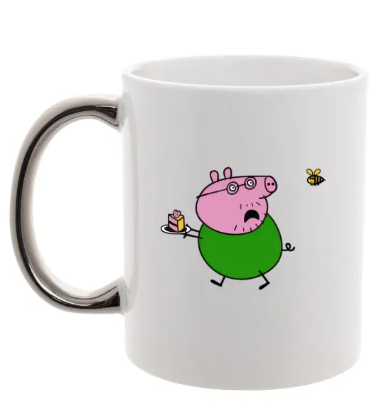 Чашка с цветной ручкой Папа Свин і тортик Серебро фото