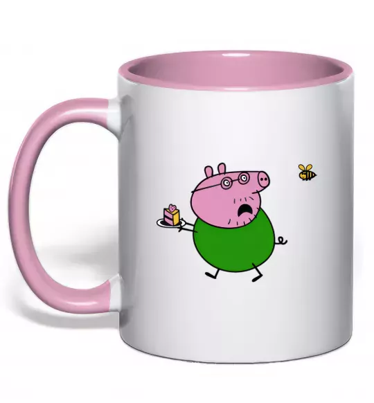 Чашка с цветной ручкой Папа Свин і тортик Нежно розовый фото