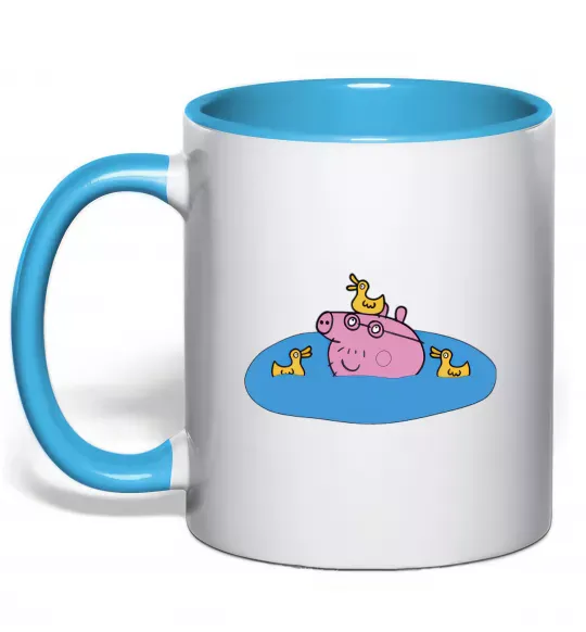 Чашка с цветной ручкой Папа Свин і качечки Голубой фото