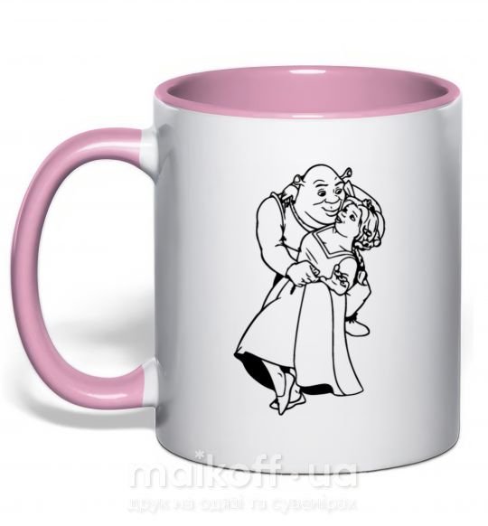 Чашка з кольоровою ручкою Шрек и Фиона Ніжно рожевий фото