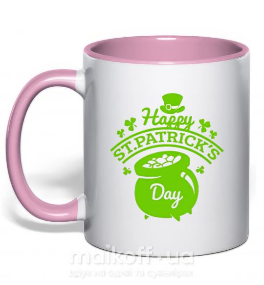 Чашка з кольоровою ручкою Happy St. Patricks Day Ніжно рожевий фото